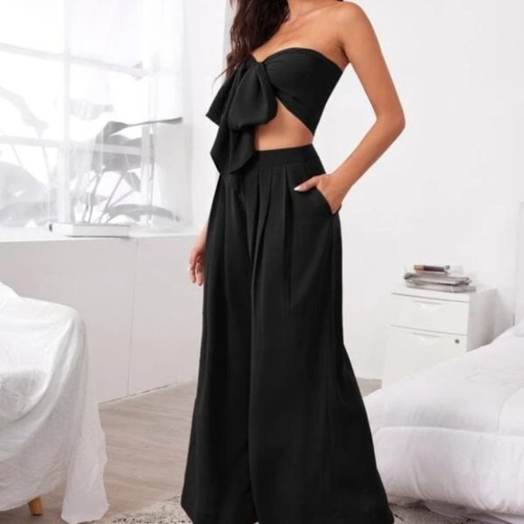 Boho 2 Piece Tie Front Tube Top & Pleated Wide Leg Pants Set black - Picture 4 of 5